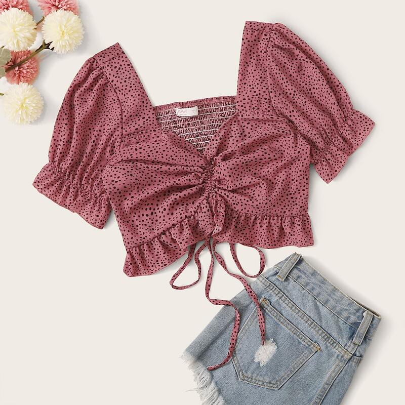 

Allover Shirred Milkmaid Blouse, Pink