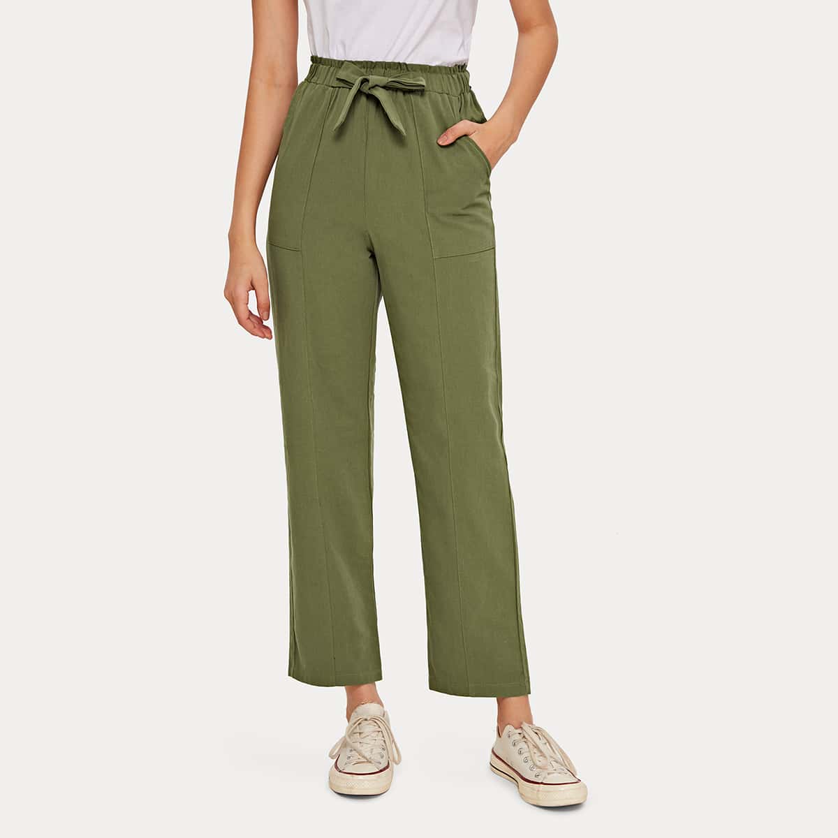 

Slant Pocket Tie Front Pants, Army green