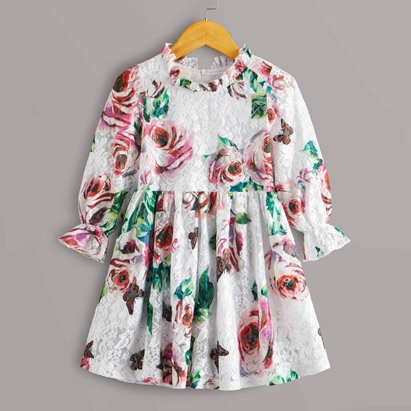 

Toddler Girls Frill Neck Floral Print Lace Dress, Multicolor