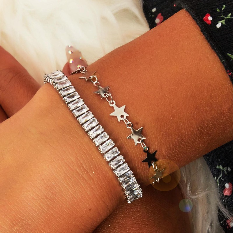 

2pcs Rhinestone Engraved & Star Linked Bracelet Set, Silver