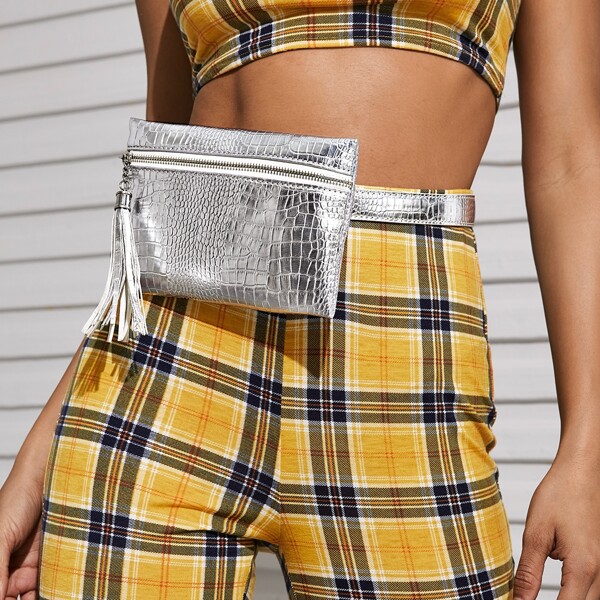 

Metallic Tassel Decor Croc Embossed Fanny Pack, Silver