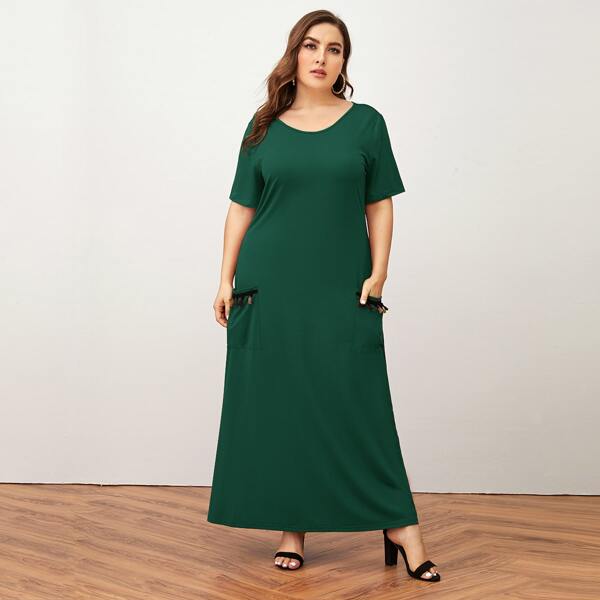 

Plus Tassel Trim Patch Pocket Dress, Green