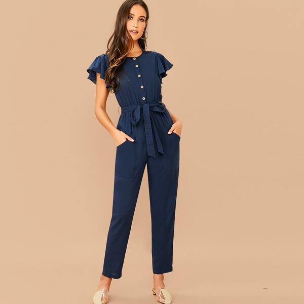 

Butterfly Sleeve Belted Shirt Jumpsuit, Navy blue