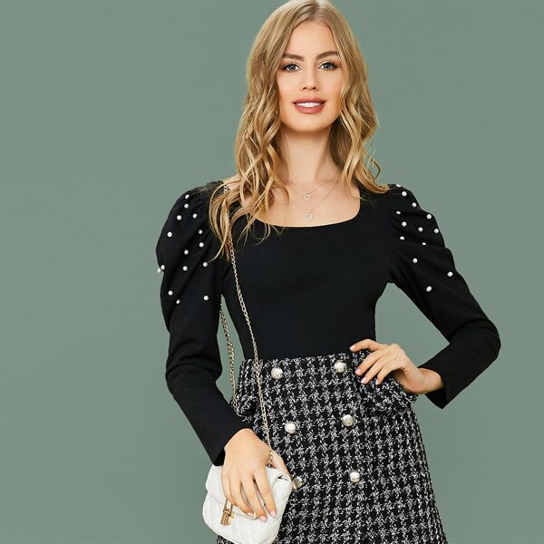 

Pearls Beaded Leg-of-mutton Sleeve Top, Black