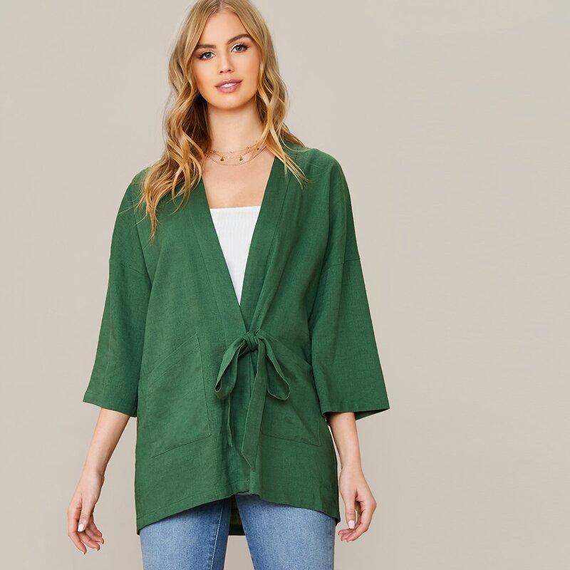 

Drop Shoulder Patch Pocket Knot Front Kimono, Green