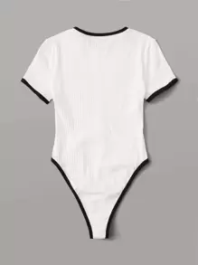 SHEIN EZwear 刺繡字母羅紋針織鑲邊連體衣 - 白色 - 查看 2