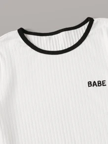 SHEIN EZwear 刺繡字母羅紋針織鑲邊連體衣 - 白色 - 查看 3
