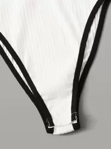 SHEIN EZwear 刺繡字母羅紋針織鑲邊連體衣 - 白色 - 查看 4