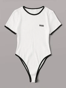 SHEIN EZwear 刺繡字母羅紋針織鑲邊連體衣 - 白色 - 查看 5