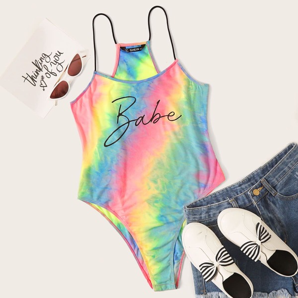 

Letter Graphic Tie Dye Cami Bodysuit, Multicolor