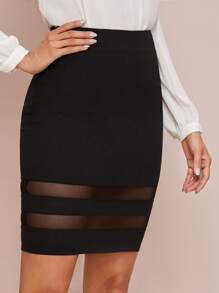 SHEIN Privé 拉鏈細節透明網紗插頁包臀半身裙 - 黑色 - 查看 3