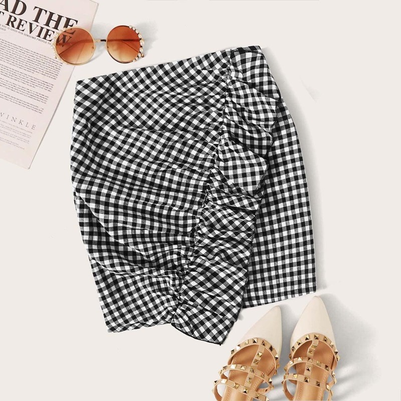 

Ruffle Trim Buffalo Plaid Skirt, Black and white