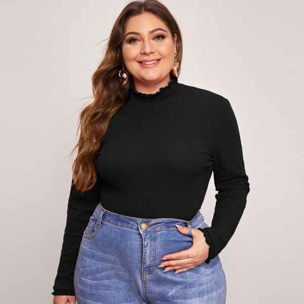 

Plus Mock-Neck Frill Trim Top, Black