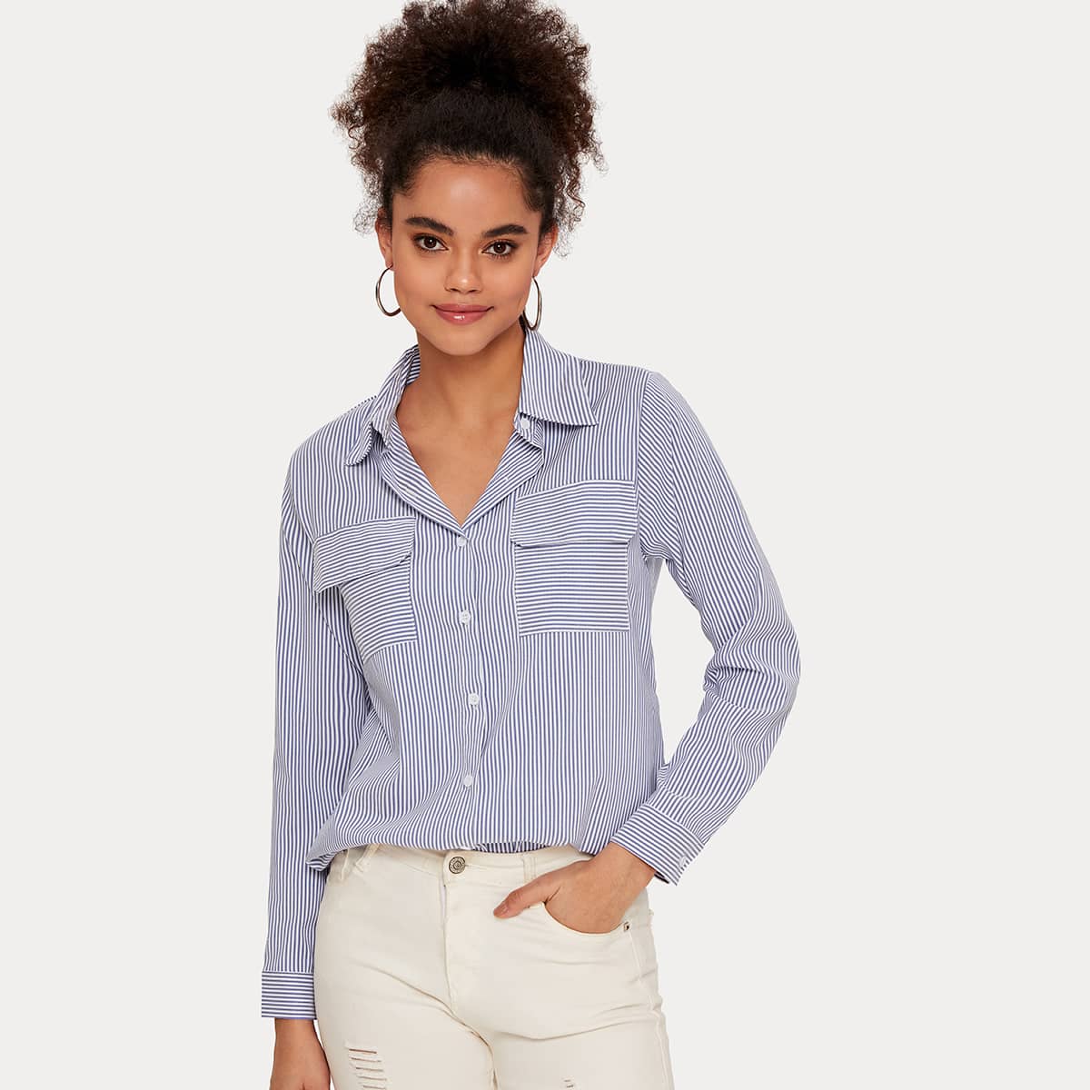 

Striped Flap Pocket Button Through Blouse, Blue