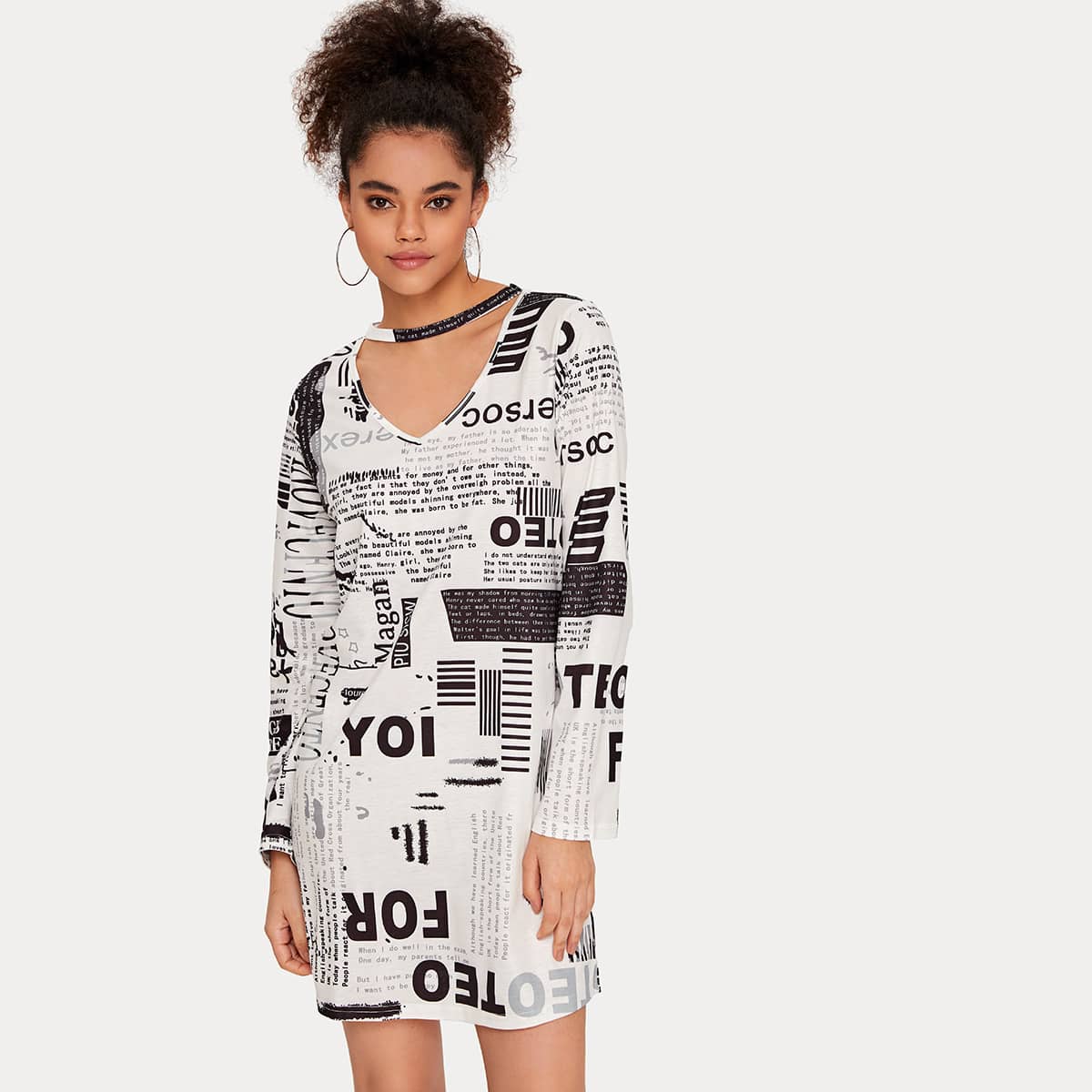 

Letter Graphic Choker Neck Tee Dress, Black and white