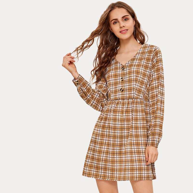 

Plaid Print Button Front Dress, Multicolor