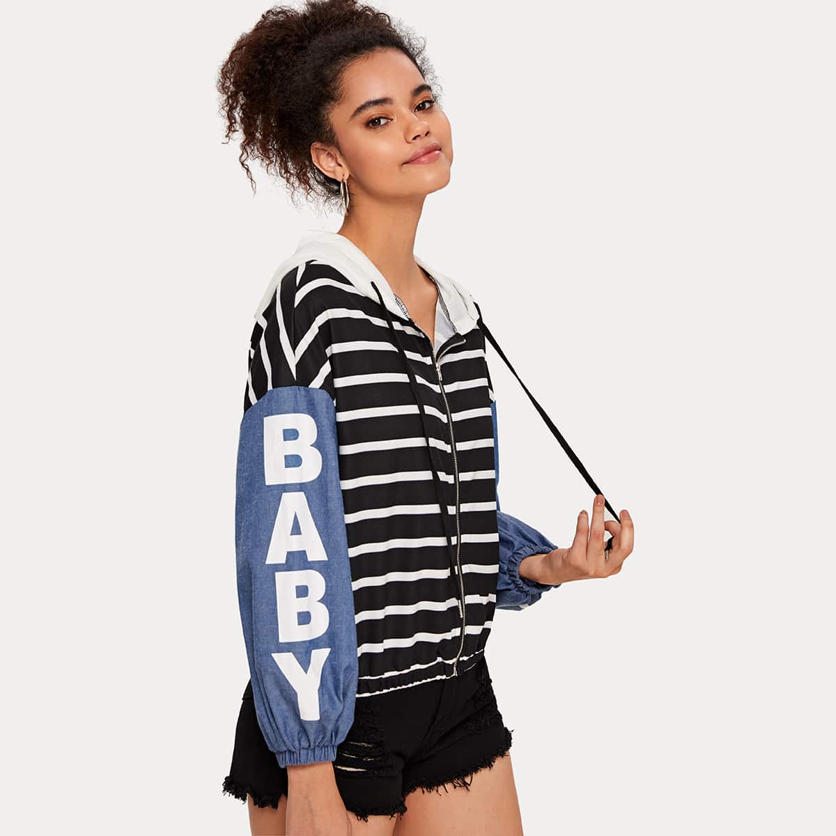 

Zip Up Letter Graphic Sleeve Striped Hoodie, Multicolor