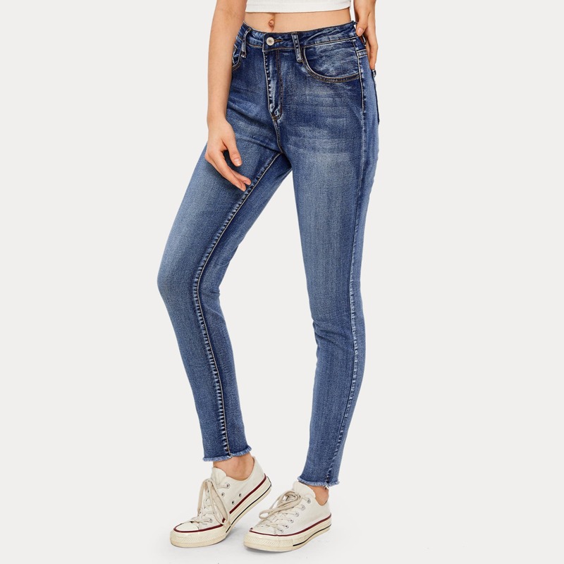 

Bleached Wash Raw Hem Skinny Jeans, Blue