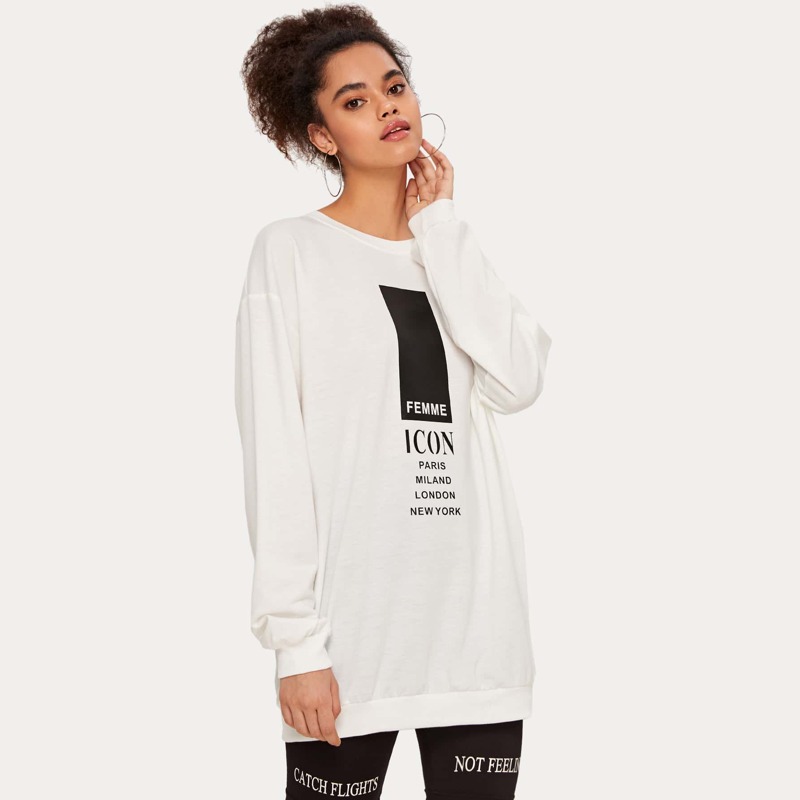 

Drop Shoulder Slogan Graphic Sweatshirt Dress, White