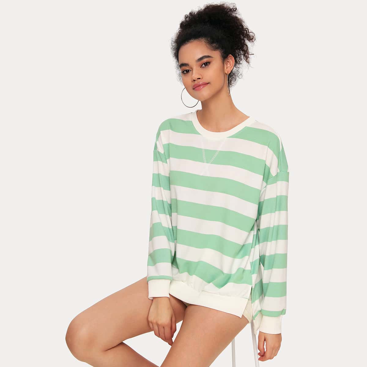 

Split Hem Striped Pullover, Green
