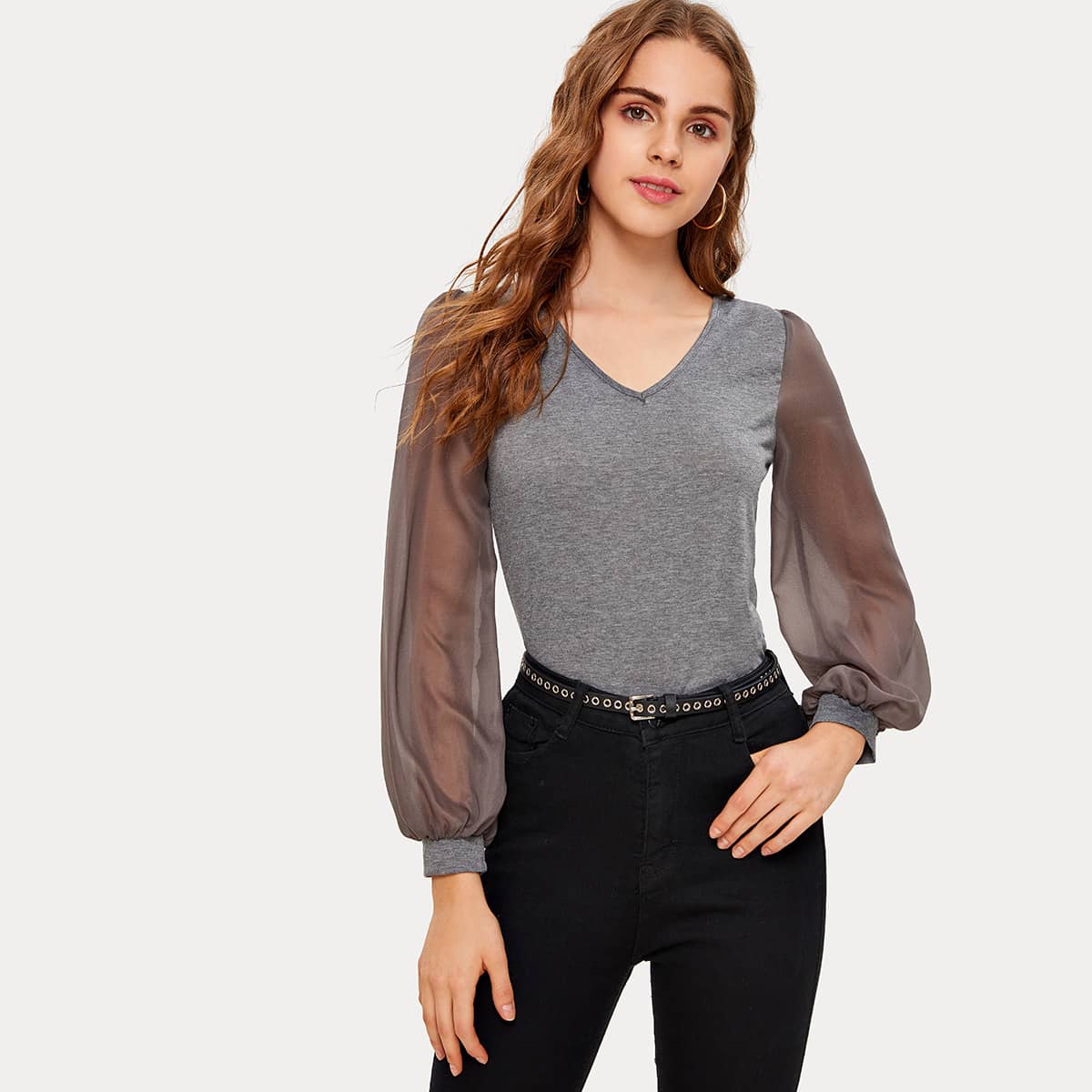 

V-Neck Contrast Mesh Fitted Top, Grey