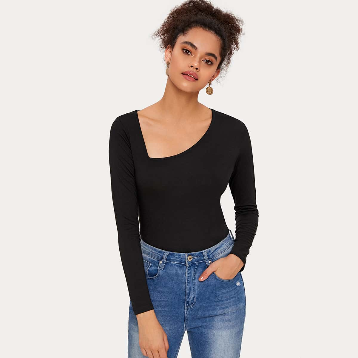 

Asymmetrical Neck Solid Tee, Black