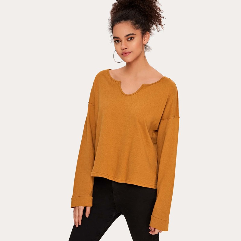 

Notch Neck Rolled Edge Tee, Camel