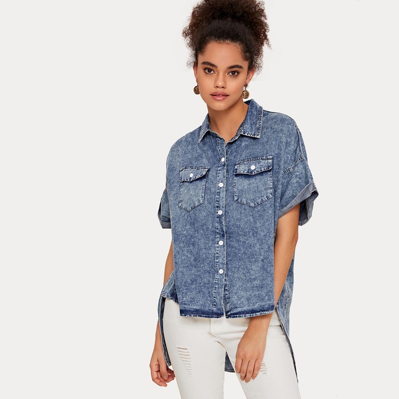 

Dip Hem Button Up Denim Top Without Bag, Blue