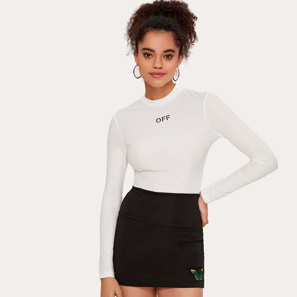 

Letter Graphic Mock-neck Slim Tee, White