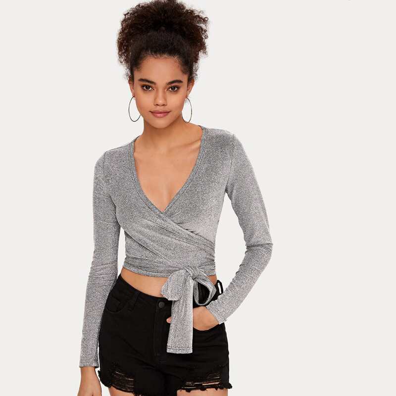 

Cross Wrap Front Tie Back Glitter Crop Top, Grey
