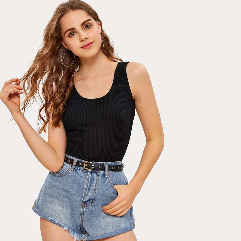 

Solid Rib-knit Tank Top, Black