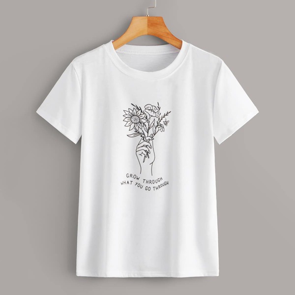 

Floral & Slogan Graphic Tee, White