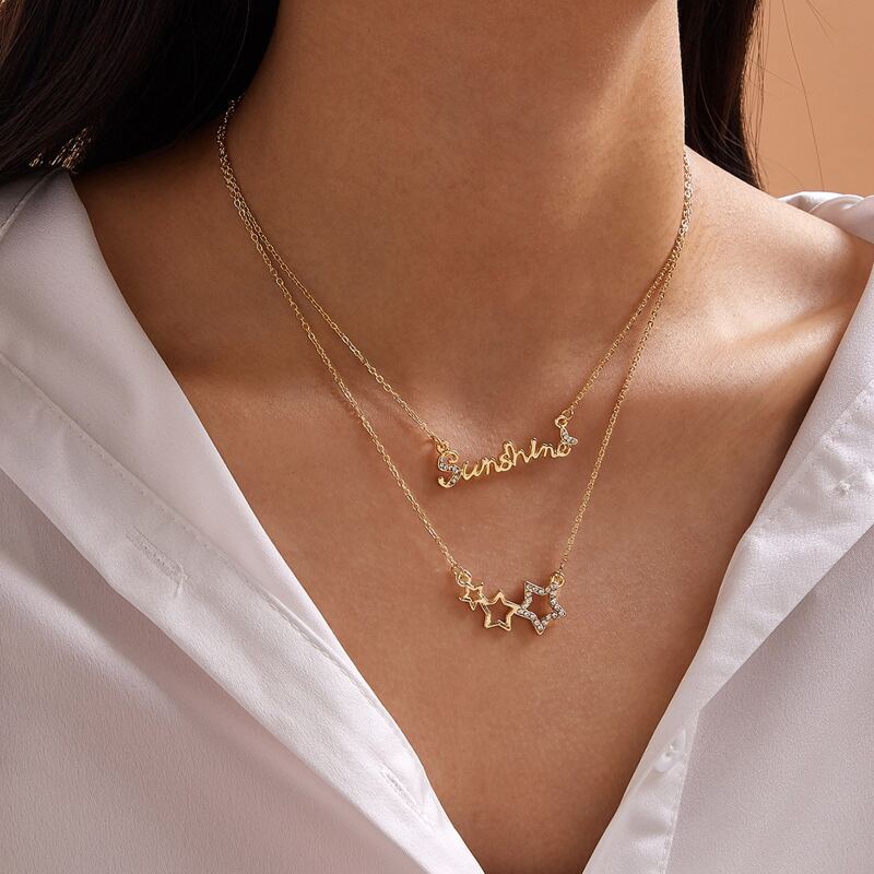 

2pcs Rhinestone Engraved Letter Charm Necklace, Gold