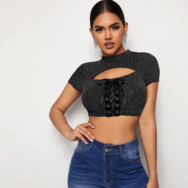 

Eyelet Lace Up Rib-knit Glitter Peekaboo Crop Tee, Black