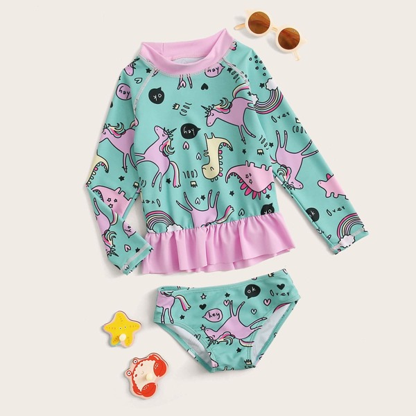 

Toddler Girls Cartoon Graphic Long Sleeve Tankini, Multicolor