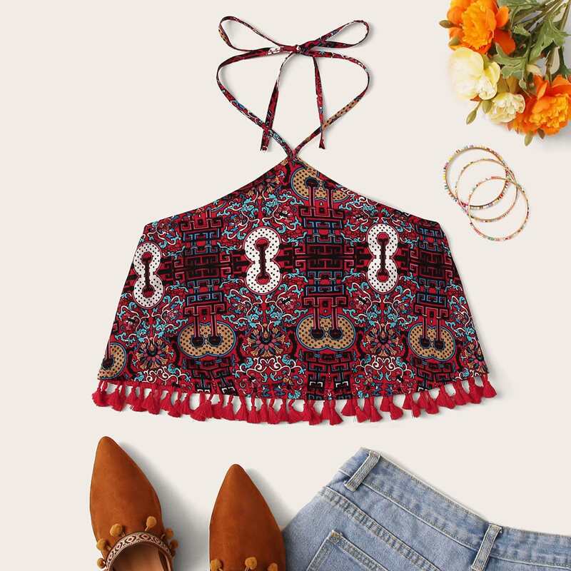 

Tassel Trim Tribal Halterneck Top, Multicolor