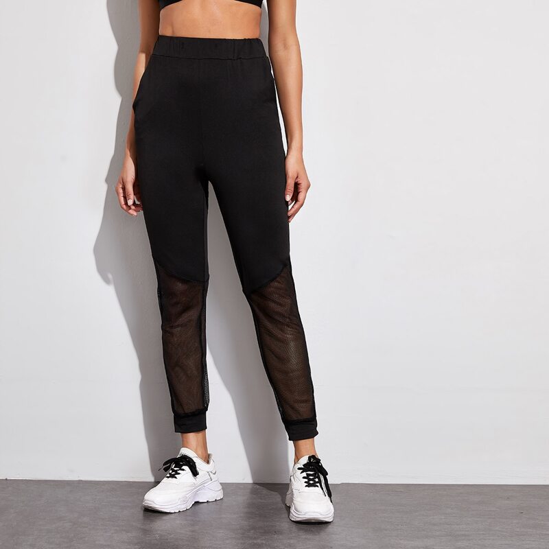 

Mesh Panel Elastic Waist Sports Pants, Black