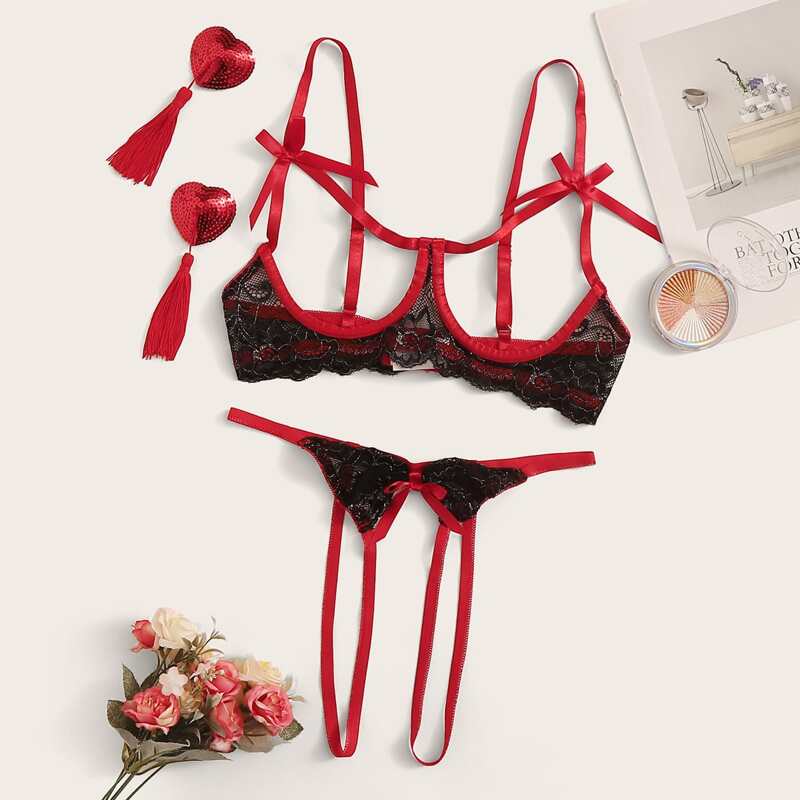 

Floral Lace Underwire Lingerie Set & 1pair Sequin Nipple Cover, Multicolor