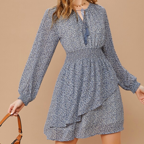 

Dainty Floral Long Sleeve Smocked Waist Dress, Blue