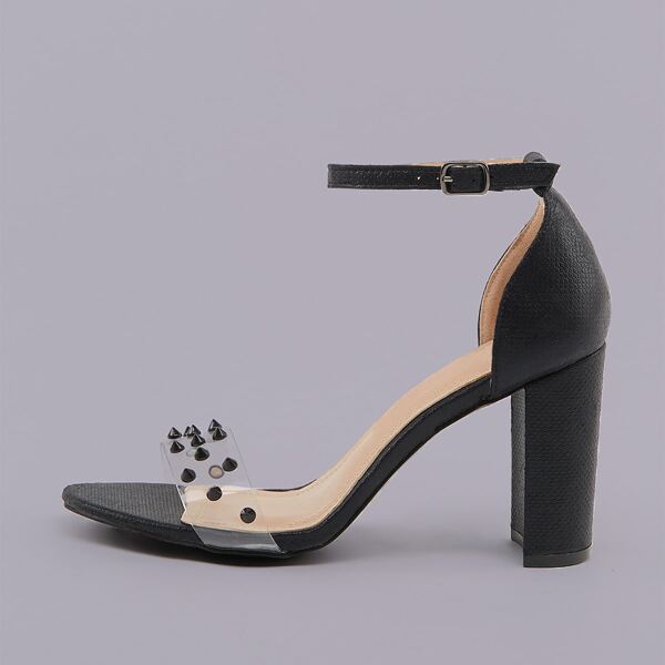 

Clear Spiked Open Toe Chunky Heel Sandals, Black