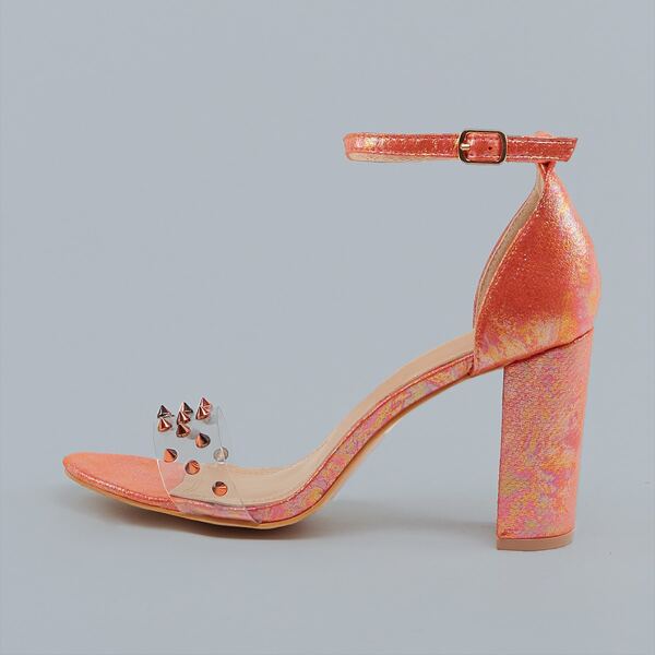 

Spiked Open Toe Ankle Strap Chunky Heel Sandals, Red