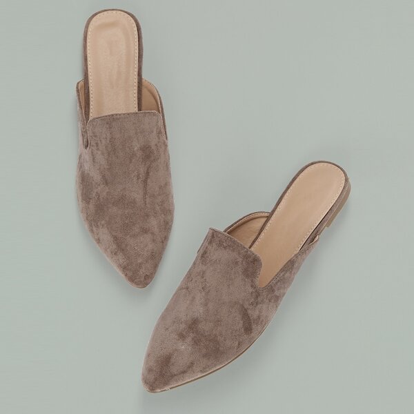 

Pointy Toe High Vamp Flat Open Heel Loafers, Khaki