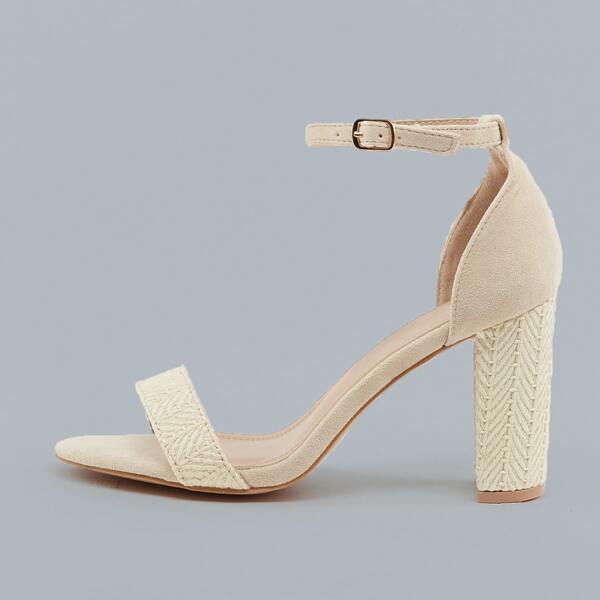 

Open Toe Ankle Strap Woven Block Heel Sandals, Beige