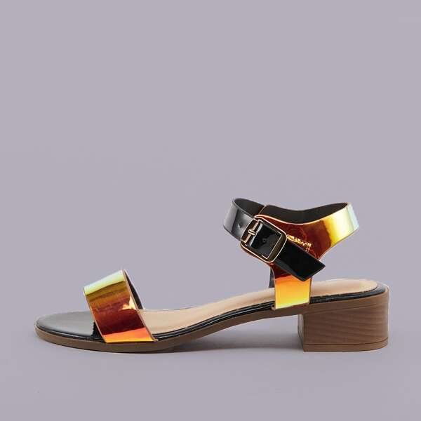 

Metallic Open Toe Ankle Strap Low Heel Sandals, Multicolor