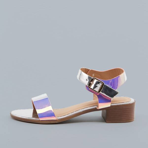 

Mirrored Open Toe Buckle Ankle Block Heel Sandals, Multicolor