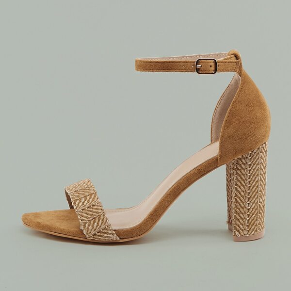 

Open Toe Weave Band Block Heel Sandals, Camel