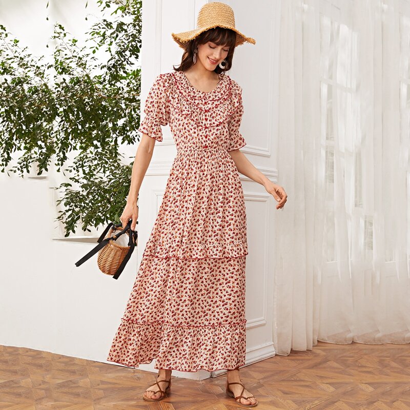 

Ruffle Trim Puff Sleeve Ditsy Floral A-line Dress, Multicolor