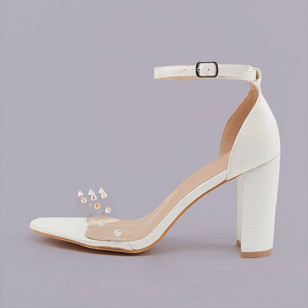 

Iridescent Stud Open Toe Block Heel Sandals, White