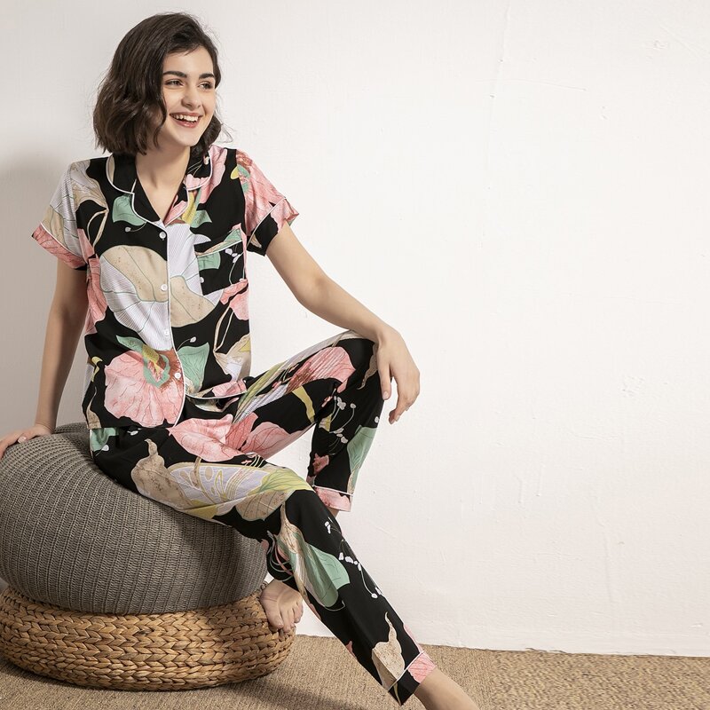 

Large Floral Print Button Up PJ Set, Multicolor