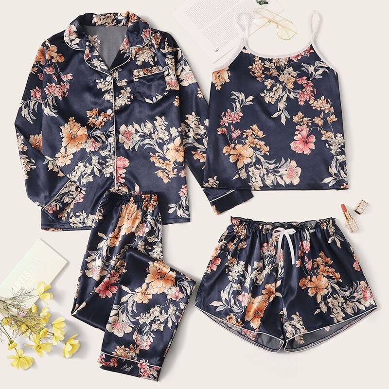

4pcs Floral Print Satin PJ Set, Navy